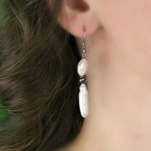 Sterling Silver White and Black Pearl Earrings Dangle Drop Earrings - Picture 2 of 7